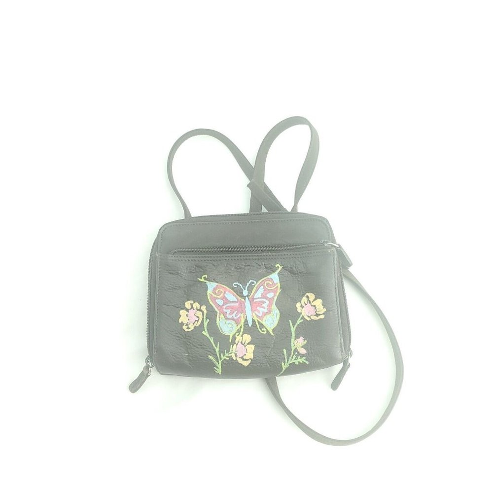 Womens Brown Upcycled Hand Painted Leather Zip Around Crossbody Strap Purse